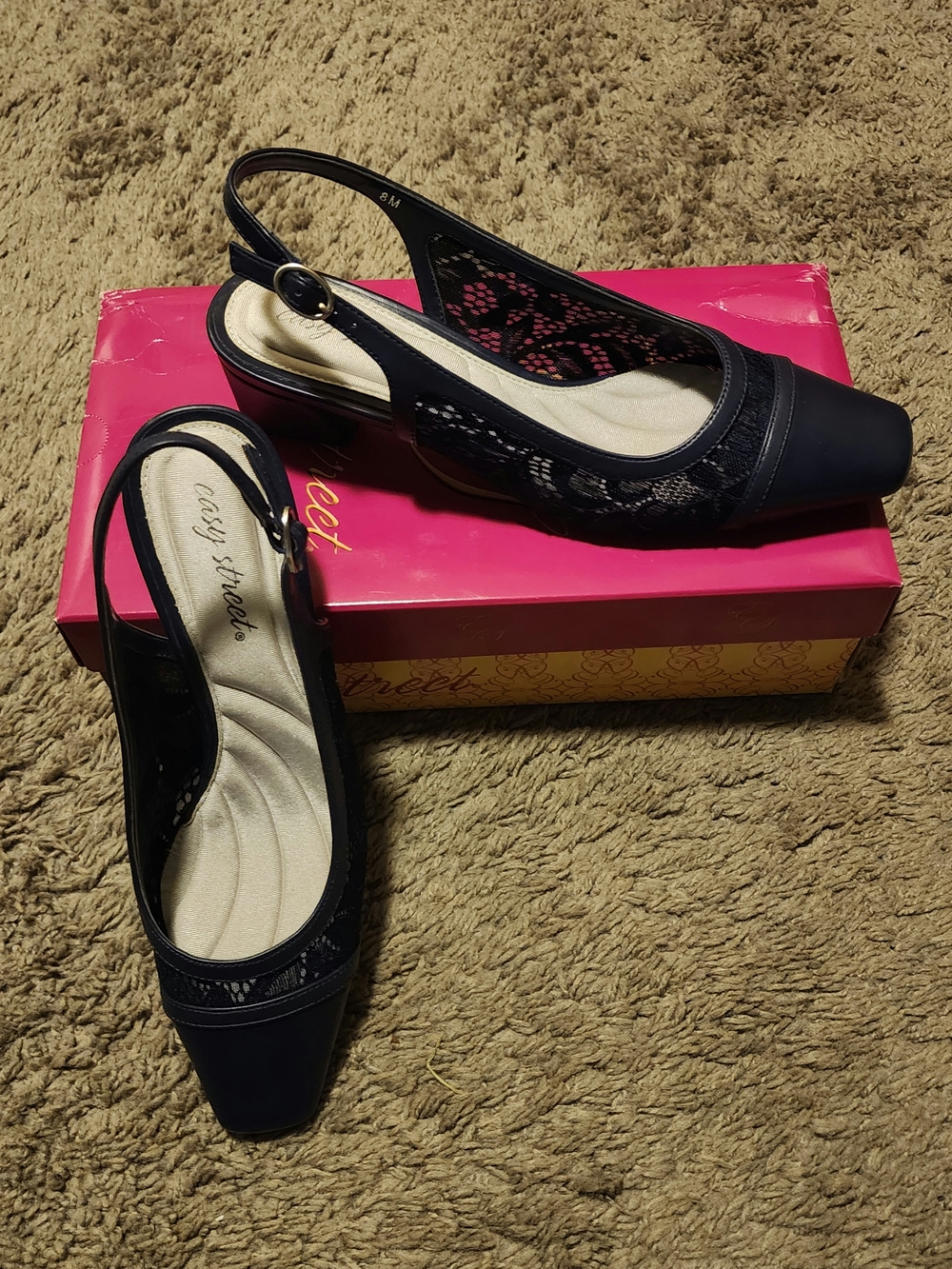 easy street Black Lace Slingback Low Heel Mules with Square Toe